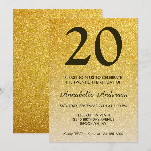 20th Birthday Classic Black Gold Glitter Ombre Invitation (Front/Back)
