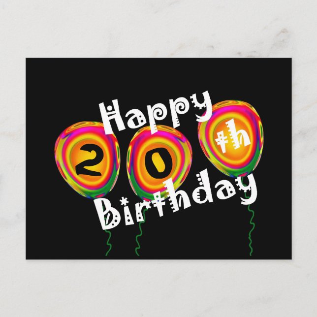 20th Birthday Colorful Balloons Postcard (Front)