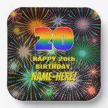 [ Thumbnail: 20th Birthday: Colorful, Fun Celebratory Fireworks Paper Plates ]