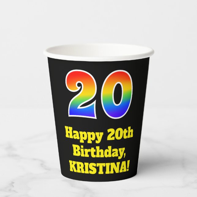 20th Birthday: Colorful, Fun, Exciting, Rainbow 20 Paper Cups (Back)