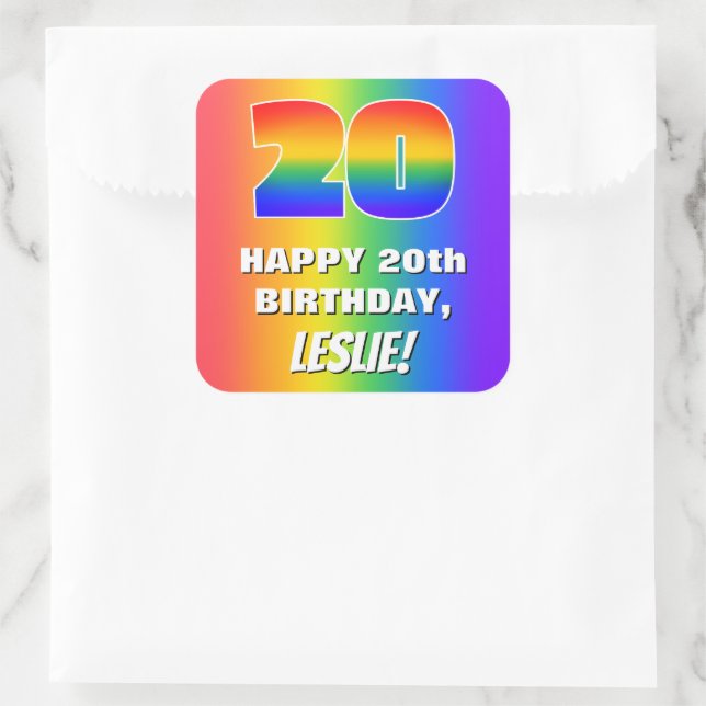 20th Birthday: Colorful, Fun Rainbow Pattern # 20 Square Sticker (Bag)