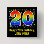 [ Thumbnail: 20th Birthday: Colorful Music Symbols, Rainbow 20 Button ]