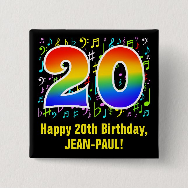 20th Birthday: Colorful Music Symbols, Rainbow 20 Button (Front)