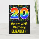 [ Thumbnail: 20th Birthday: Colorful Music Symbols + Rainbow 20 Card ]