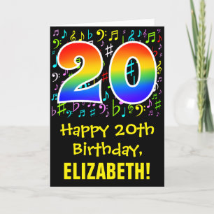 20th Birthday: Colorful Music Symbols + Rainbow 20 Card