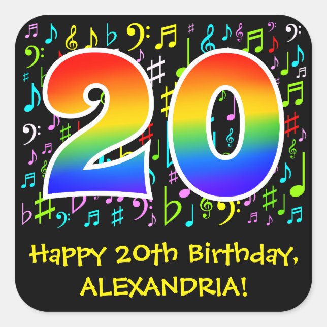 20th Birthday: Colorful Music Symbols, Rainbow 20 Square Sticker (Front)