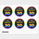 [ Thumbnail: 20th Birthday: Colorful Rainbow # 20, Custom Name Round Sticker ]