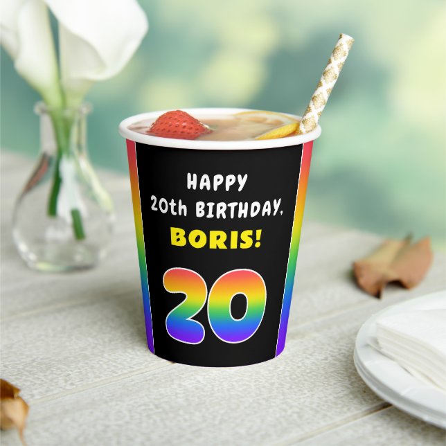 20th Birthday: Colorful Rainbow # 20, Custom Name Paper Cups (Insitu)