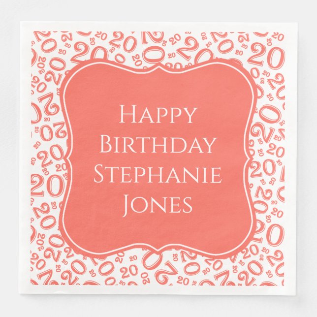 20th Birthday Coral/White Bracket Number Pattern Paper Dinner Napkins (Front)