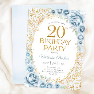 20th Birthday Dusty Blue Gold Floral Feminine Invitation