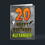 20th Birthday: Eerie Halloween Theme   Custom Name Card<br><div class="desc">The front of this scary and spooky Halloween themed birthday greeting card design features a large number “20”. It also features the message “HAPPY BIRTHDAY, ”, plus a personalized name. There are also depictions of a ghost and a bat on the front. The inside features a customized birthday greeting message,...</div>