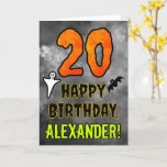 20th Birthday: Eerie Halloween Theme   Custom Name Card<br><div class="desc">The front of this scary and spooky Halloween themed birthday greeting card design features a large number “20”. It also features the message “HAPPY BIRTHDAY, ”, plus a personalized name. There are also depictions of a ghost and a bat on the front. The inside features a customized birthday greeting message,...</div>