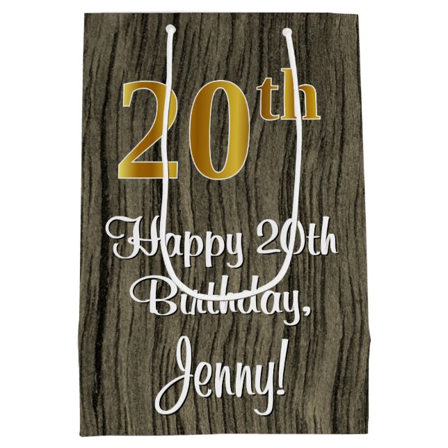 20th Birthday: Elegant Faux Gold Look #, Faux Wood Medium Gift Bag (Back)