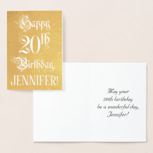 20th Birthday: Elegant, Ornate Script; Custom Name Foil Card