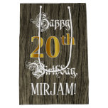 [ Thumbnail: 20th Birthday: Faux Gold Look & Faux Wood Pattern Gift Bag ]