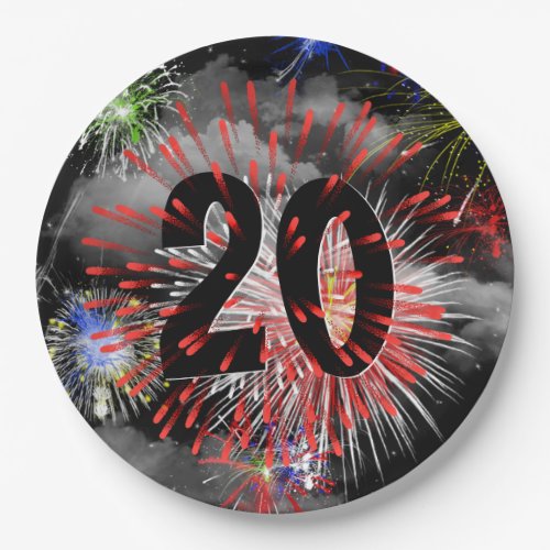 20th Birthday Fireworks In Clouds Paper Plate