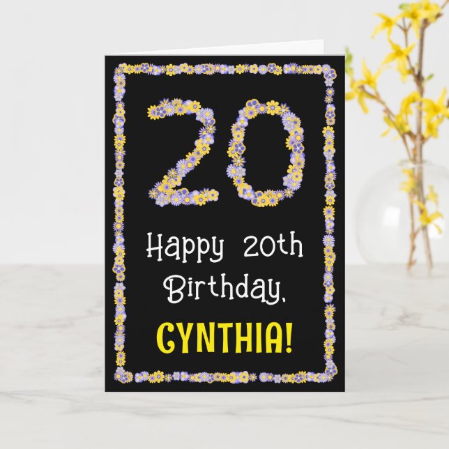 20th Birthday: Floral Flowers Number, Custom Name Card (Yellow Flower)