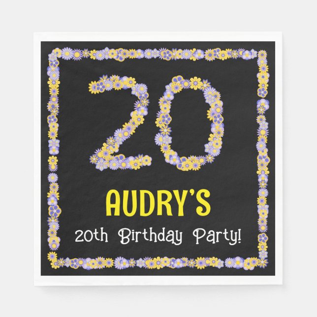 20th Birthday: Floral Flowers Number, Custom Name Napkins (Front)