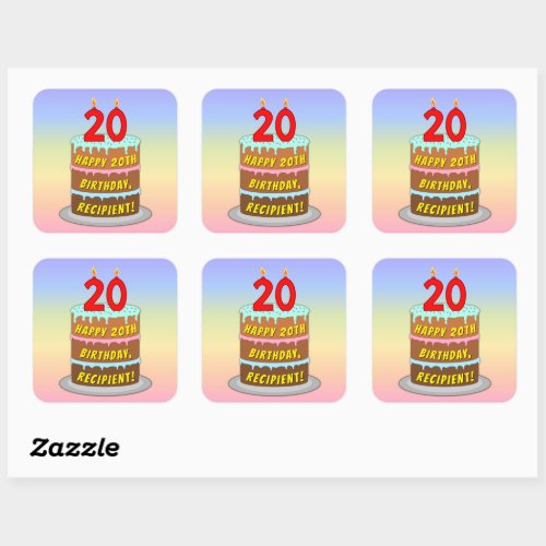 20th Birthday Fun Cake and Candles  Custom Name Square Sticker