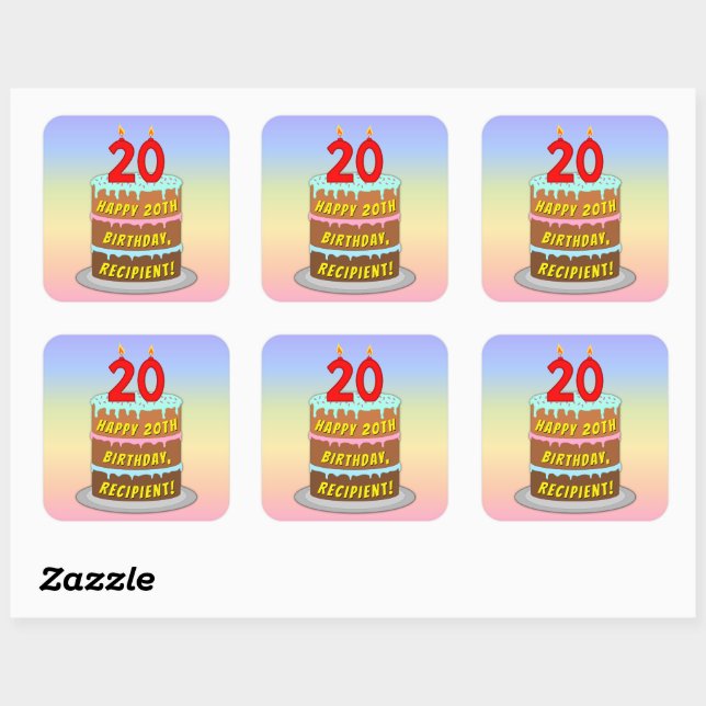 20th Birthday: Fun Cake and Candles + Custom Name Square Sticker (Sheet)