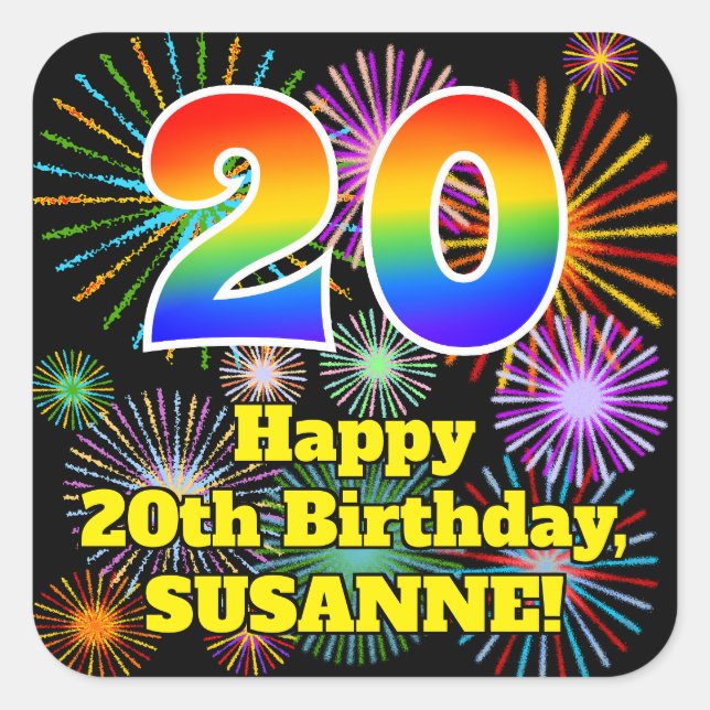 20th Birthday: Fun Fireworks Look, Rainbow # 20 Square Sticker (Front)
