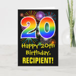 [ Thumbnail: 20th Birthday: Fun Fireworks Pattern + Rainbow 20 Card ]