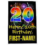 [ Thumbnail: 20th Birthday: Fun Fireworks Pattern + Rainbow 20 Gift Bag ]