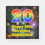 [ Thumbnail: 20th Birthday: Fun Fireworks Pattern + Rainbow 20 Napkins ]