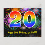 [ Thumbnail: 20th Birthday – Fun Fireworks Pattern + Rainbow 20 Postcard ]