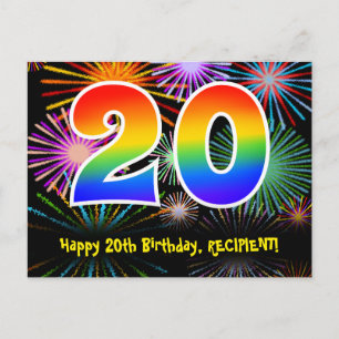 20th Birthday – Fun Fireworks Pattern + Rainbow 20 Postcard