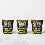 [ Thumbnail: 20th Birthday: Fun Music Notes Pattern, Rainbow 20 Paper Cups ]