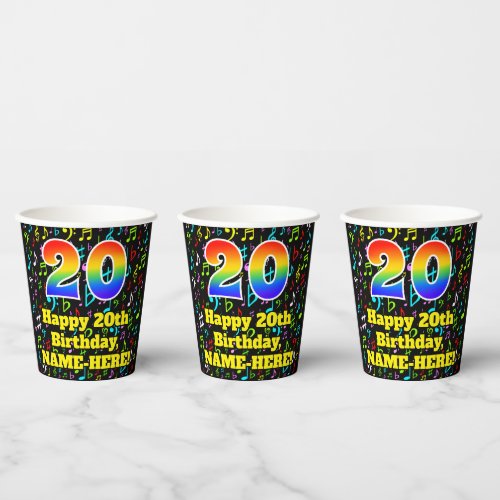 20th Birthday Fun Music Notes Pattern Rainbow 20 Paper Cups