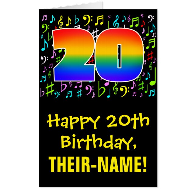20th Birthday: Fun Music Symbols + Rainbow # 20 Card (Front)