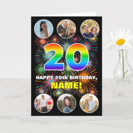 20th Birthday: Fun Rainbow #, Custom Name & Photos Card