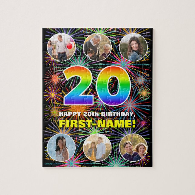 20th Birthday: Fun Rainbow #, Custom Name + Photos Jigsaw Puzzle (Vertical)