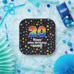 [ Thumbnail: 20th Birthday: Fun Stars Pattern and Rainbow “20” Paper Plates ]