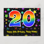 [ Thumbnail: 20th Birthday: Fun Stars Pattern, Rainbow 20, Name Postcard ]