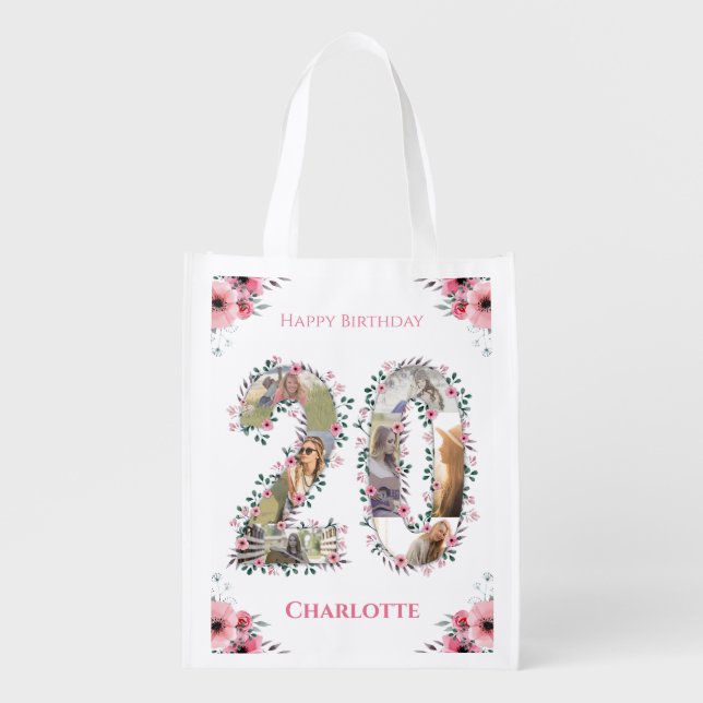 20th Birthday Girl Photo Collage Pink Flower White Grocery Bag (Front)