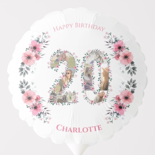 20th Birthday Girl Pink Flower Photo Collage White Balloon
