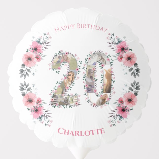 20th Birthday Girl Pink Flower Photo Collage White Balloon (Front)