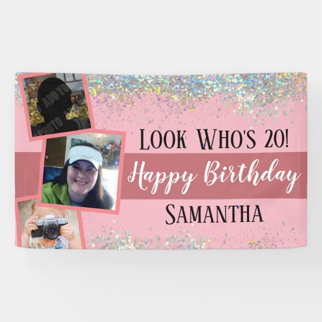 20th Birthday Girly Look Who's Glitter pink Banner (Horizontal)