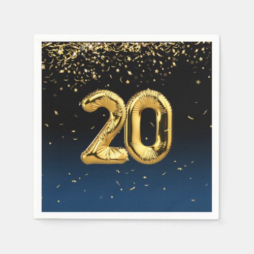20th Birthday Gold Balloons and Confetti Napkins
