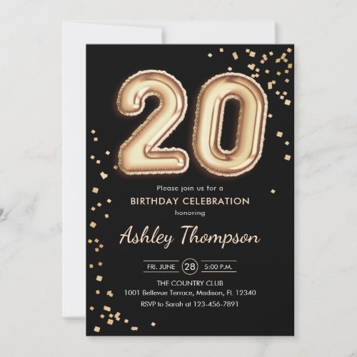20th Birthday _ Gold Balloons Black Invitation