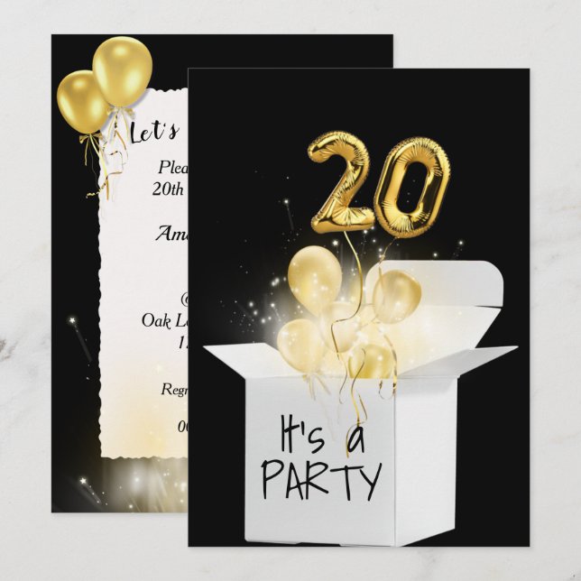 20th Birthday Gold Balloons In White Box Invitation (Front/Back)