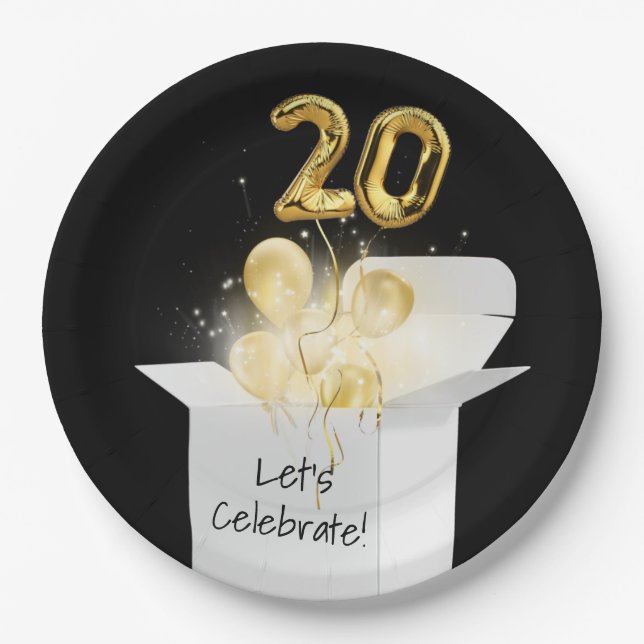 20th Birthday Gold Balloons In White Box  Paper Plates (Front)