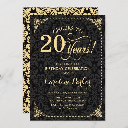 20th Birthday - Gold Black Damask