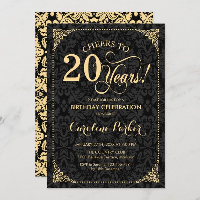 20th Birthday - Gold Black Damask Invitation (Front/Back)