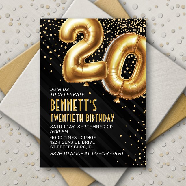 20th Birthday Gold Black Invitation (Creator Uploaded)