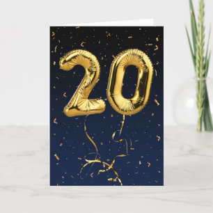 20th Birthday Gold Mylar Balloon and Confetti Card