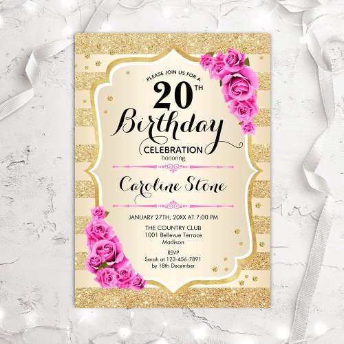 20th Birthday _ Gold Stripes Pink Roses Invitation